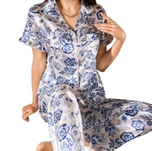Blue Floral Satin Pajama Set